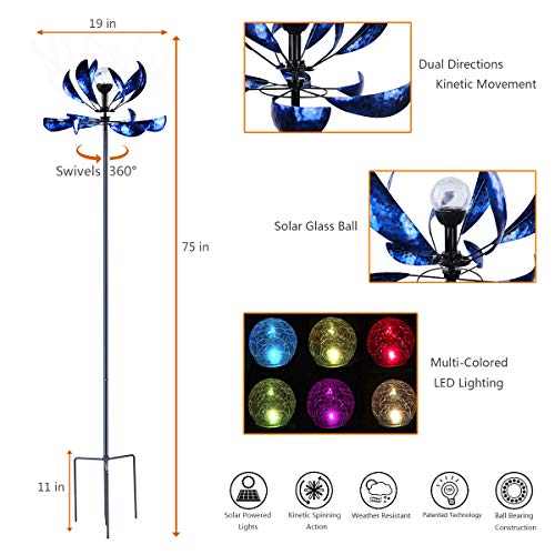 Solar Wind Spinner 3D Kinetic Wind Spinners Outdoor Metal Gardening Decorations with Multi-Color LED Lighting by Solar Powered Glass Ball with Lawn Ornament Wind Mills ... - Thumbnail 2