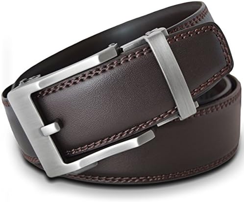 AventusMen's Leather Ratchet Click Belt - Lincoln Matte Silver Buckle with Double Stitched Brown Leather Belt (Trim to Fit: Up to 33'' Waist)