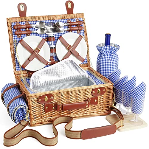 DHAEE 4 Person Wicker Picnic Basket Set with Cooler Compartment and Waterproof Picnic Blanket, Removable Strap, Hiking, BBQ and Gifts for Family/Couples