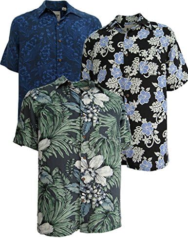 Mens Silk Linen Blend Hawaiian Camp Shirt Blue Black Grey Variety 3 Pack (Medium)