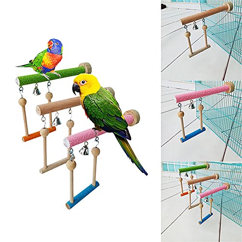 Keersi Wood Perch Toy with Bell for Bird Parrot Parakeet Cockatiel Conure Cockatoo African Grey Macaw Eclectus Amazon Lovebird Finch Canary Budgie Cage Stand Swing