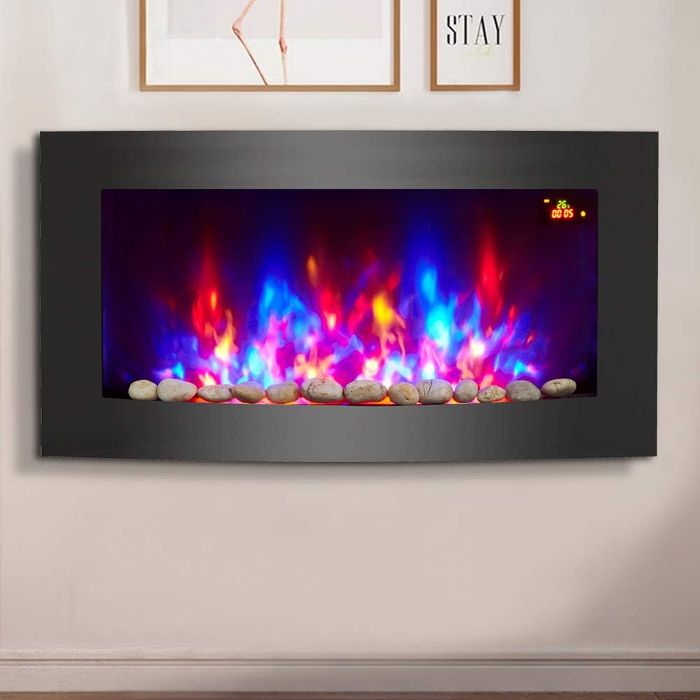 NRG 2KW Black Curved Glass Screen Wall Mounted Electric Fire Place Heater Fire Flame Effect