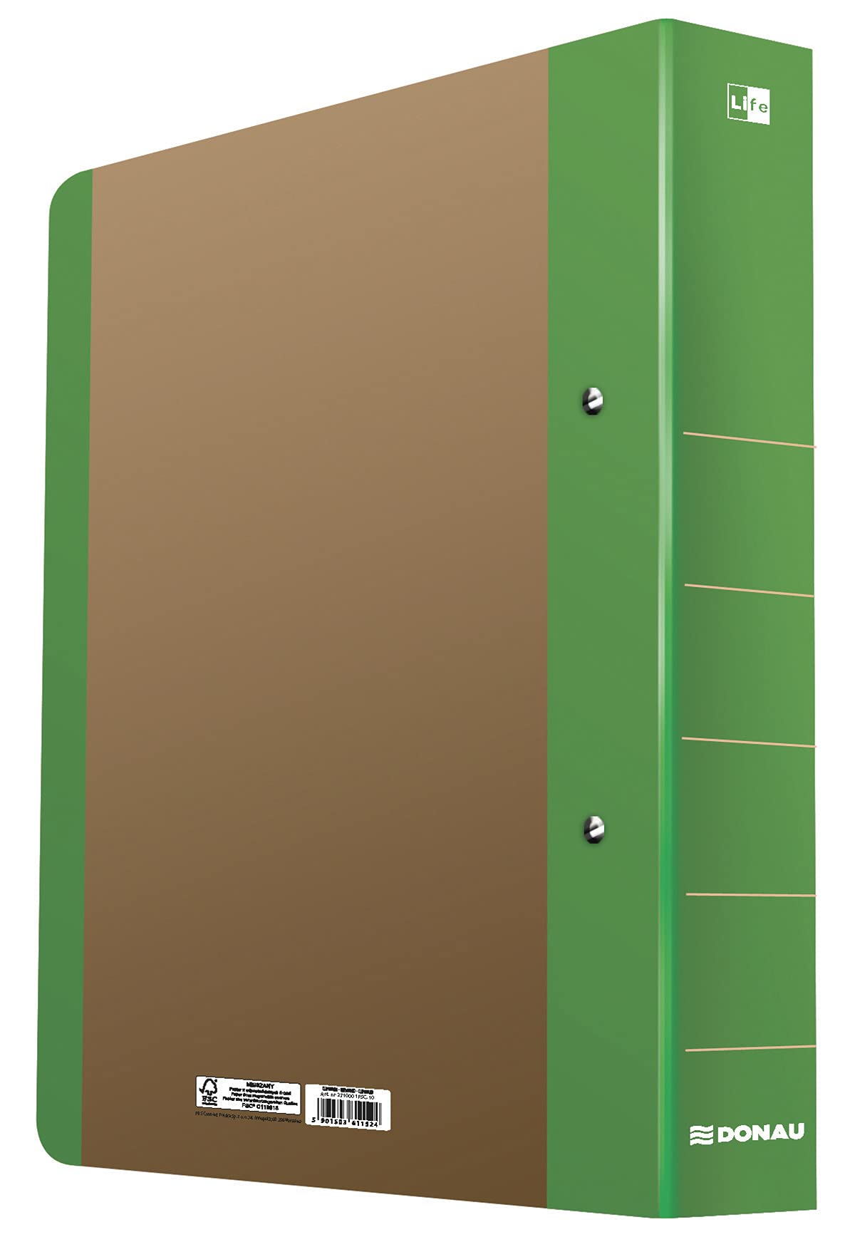 Ring Binder DONAU Life A4/2RD/50mm Green/Document Archiving/Type-A4 / 2RD / 50mm / Material-Cardboard/Reinforcement Strip-No Slat Edge/Label-No Label/Colour-Green/Format-A4