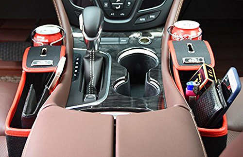 niceEshop(TM) Console Side Pocket, Leather Car Seat Gap Catcher with Coin Organizer and Cup Holder, Black and Red, 1Pcs, Left