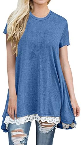 Anicco Womens Short Sleeve Casual Lace O-Neck Loose Tunic Tops Blouse Blue-L