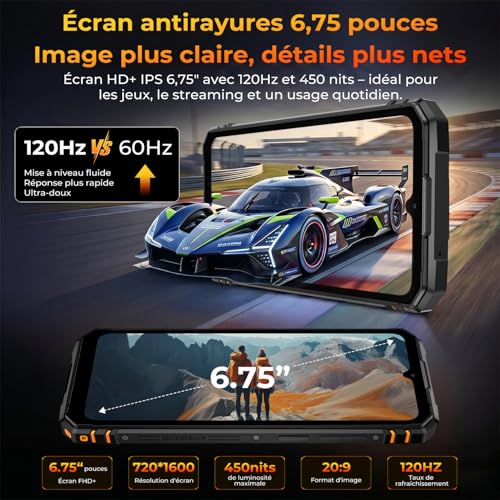 HOTWAV T8 Unbreakable Android Phone 16, 12GB+64GB/TF 2TB, 6200mAh 20W, 20MP+5MP, 6.74" HD+ 120Hz Portable Smartphone, Camping Lamp/IP68&IP69K+MIL-STD-81OH/Gemini AI/NFC/GPS/Dual SIM