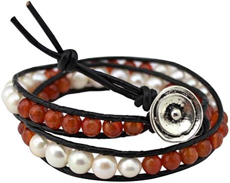 Freshwater Pearl Leather Bracelet with Agate Beaded on Genuine Black Leather Cord for Women 16.5''