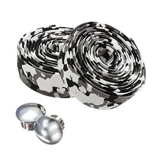 Dcolor Road Bike Bicycle Cork Handlebar Bar Grip Wrap Tape + 2 Bar Plugs-Black & white camo