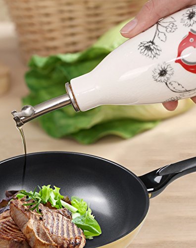 Olive Oil Bottle Set Ceramic Dispenser Porcelain Vinegar Cruet 9oz. with Stainless Steel Leak Proof Pourer Spout for Cooking or Salad Dressing by CEDAR HOME, 2 Pack, Farmer Market