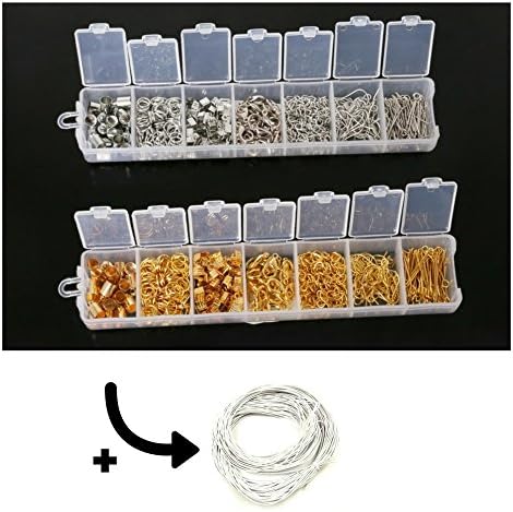 Jewelry Findings Kit AND 1mm Elastic Stretch - Jump Ring, Crimp End Cap, Lobster Clasp, Extension Gold and Silver - 1200pcs Value Bundle + 79ft White Elastic Cord - Jewelry Making Supplies