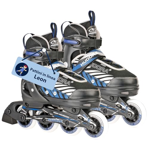 HUDORA Inline Skates Leon - Inline skates for children / teenagers & adults in black/blue - Roller skates adjustable up to 4 sizes - Comfortable & stylish skates -size 37-40