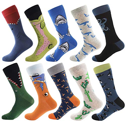 Bonangel Men's Fun Dress Socks - Colorful Funny Novelty Crazy Crew Socks Packs with Cool Argyle Pattern (Shark 3)