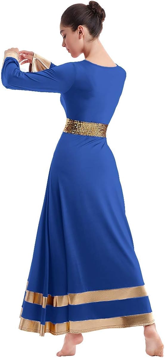 IBAKOM Womens Long Sleeve Tunic Robe Worship Praise Liturgical Full Dance Dress Ballet Costume with Sequins Belt: Clothing