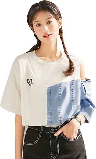 Amazon Co Jp Ptorデニムワンピース レディース オフショルダー ワンピース デニム ダメージ加工 ファッション チュニック 半袖 ゆったり 夏ワンピース 大きいサイズ 服 ファッション小物