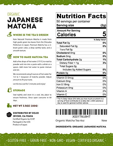 image for Organic Japanese Matcha Green Tea Powder by Kate Naturals - Certified 