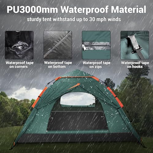 Cflity Camping Tent, 3 Man Pop Up Tent Automatic Instant Three Layer Waterproof 4 Season Large Dome Tent & Shelters with Extended Floor Mat Porch 2 Hall Poles Removable Rainfly