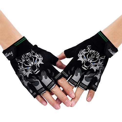 NRUTUP Antiskid Cycling Bike Gym Fitness Sports Breathable Wolf Head Gloves (Black,L)