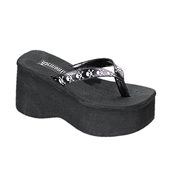 Demonia-3-12-Inch-Trendy-Gothic-Sandal-Punk-Shoe-Black-Flip-Flop-White-Skulls-Size-9