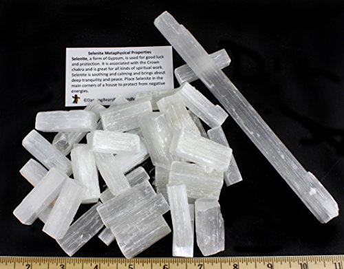 Selenite Sticks Bulk (35-40 pcs) 1.5-2"inch L X .25-.5" W Each, Bonus: (1) 8 inch Selenite Wand & Educational ID Card, Reiki, Chakra, Healing, Protection, Good Luck, Positive Energy