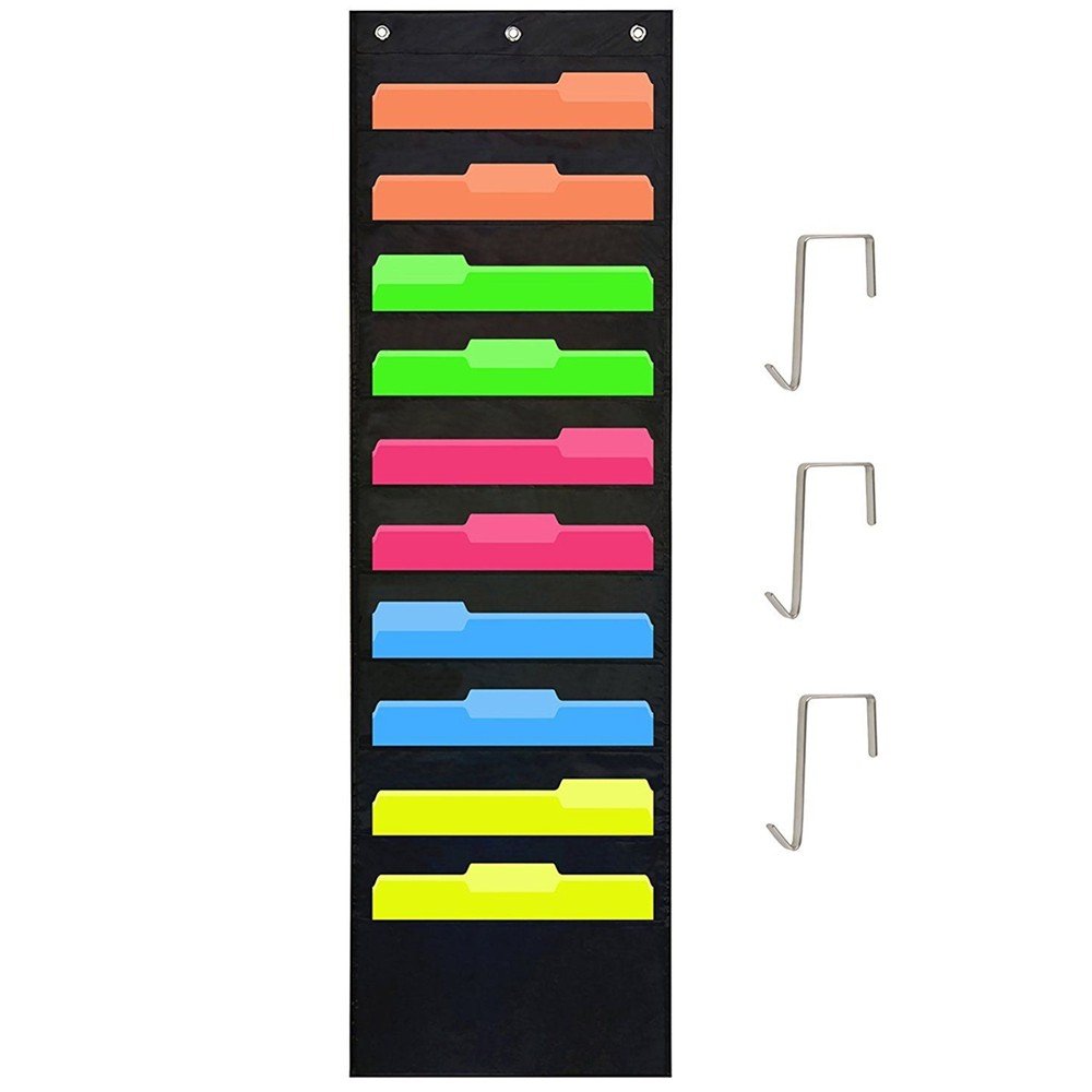 Pocket Chart File, Hanging Oxford File Organizer 10 Large Pockets Multifunctional with 3 Hangers for Home, School, Pocket Board, Office Bill Filing
