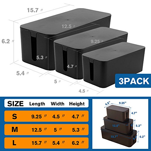 ShellKingdom Cable Management Box,3 set Cable Organizer For Cable and Cord Management, Storage and Holder to Cover and Hide & Power Strips & Cords（Black） - Thumbnail 2