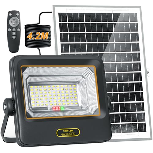 Lamparas Solares Exterior 42200LM, Luces Solares para Exterior Jardin, 8000mAh Paneles Solares de Silicio Monocristalino, Mando A Distancia, Cable De 5m, Adecuado para Jardines, Terrazas y Porche
