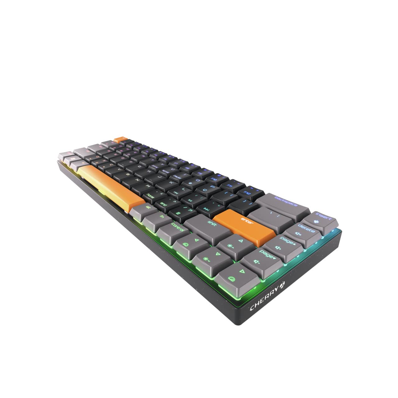 Cherry MX-LP 2.1 Compact Wireless Gaming Keyboard. RGB MX Silver Speed Switches. RGB Lighting Low-Profile MX Precision switches. 65% Size. 68 Keys. (Black & Orange)