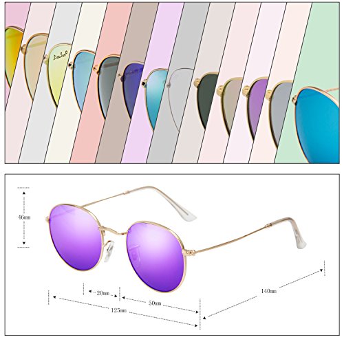 LianSan Classic Retro Metal Frame Round Circle Mirrored Polaroid Sunglasses for Men and Women 3447 Purple Polaroid Lens