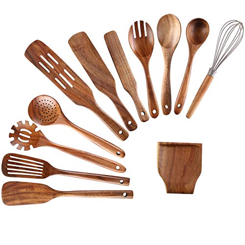NAYAHOSE Kitchen utensils set, 12pcs wood cooking utensils wooden spoons spatula kit non stick scratch natural kitchen tools kitchenware cookware durable premium teak