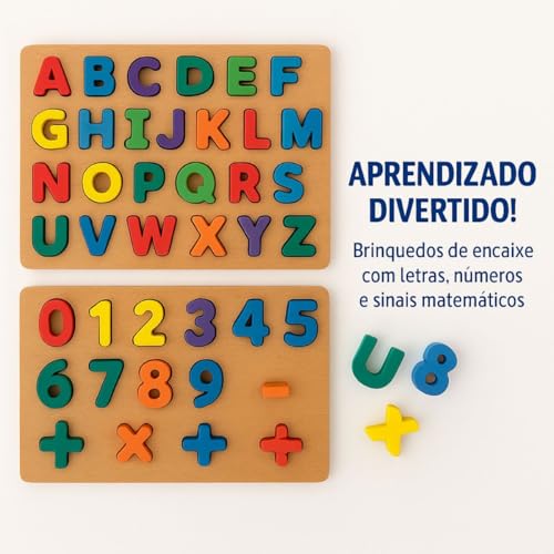 Kit 2 Brinquedos Educativo Tabuleiro Letras e Numeros 43 Peças Brinquedo Didático Encaixe Madeira Premium