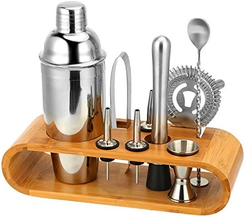 Bartender Kit Cocktail Shaker Bar Tools with Stylish Bamboo Stand- Stainless Steel Bartender Kit Premium Bartendering Tool for Home/Bars/Traveling and Outdoor Parties