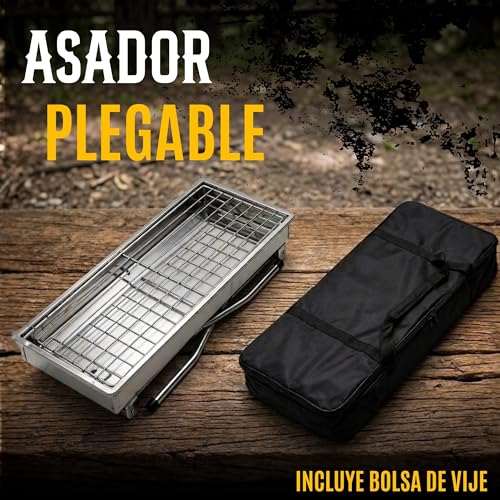 Asador Portatil Plegable para Carbon, Parrilla de Acero Inoxidable, Asador con Asa Facil de Limpiar y Transportar | ECOMLAB