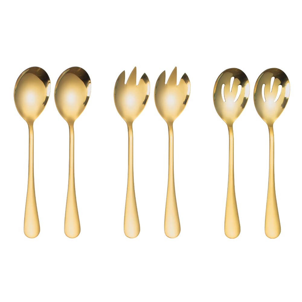 ARFUKA Salad Servers Stainless Steel Salad Serving Set Salad Spoon and Fork Set Kitchen Cooking Utensil Cutlery Gifts Gold, Set of 6