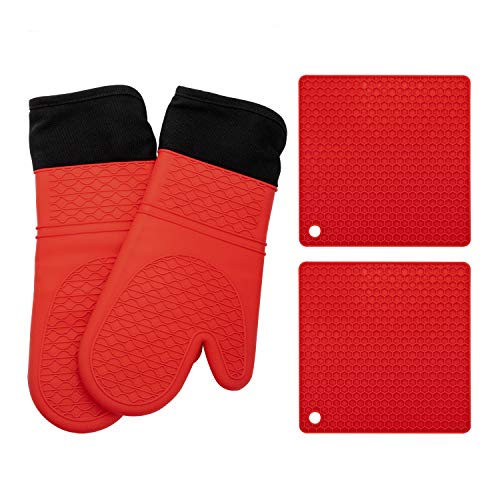 Elegant Life Silicone Oven Mitts, Oven Mitts and Potholders(4-Piece Sets),Kitchen Counter Safe Trivet Mats,Advanced Heat Resistant Oven Mitt, Non-Slip Textured Grip Pot Holders