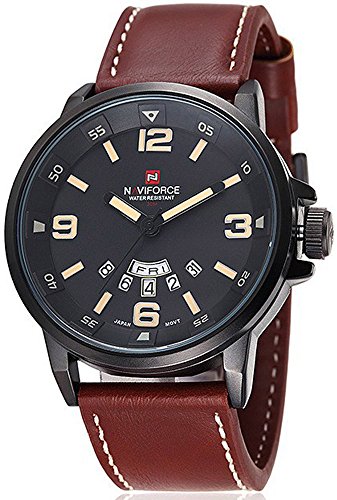 Fanmis Men's Analog Quartz Classic Business Casual Waterproof Dress Wrist Fashion Watch with Brown Leather Band and Calendar Date Week Window - Black