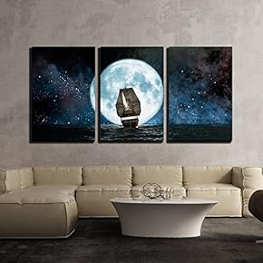 3 Piece Canvas Wall Art - Moon, Boat and Reflection in The Water - Modern Home Art Stretched and Framed Ready to Hang - 16"x24"x3 Panels