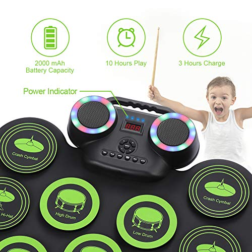 VOLADOR Electronic Drum Set, 9 Pads Roll Up Electric Drum Kit With Bluetooth, 2 Built-in Speaker, Headphone Jack, Portable Digital Midi Practice Drum Pad for Kids Beginners