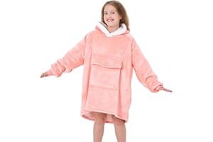XYNHML Oversized Blanket Hoodie for Kids Flannel Sherpa wearable sweatshirt blanket Snuggies Warm Plush Hooded Blanket Pink with Huge Pocket and Elastic Sleeve