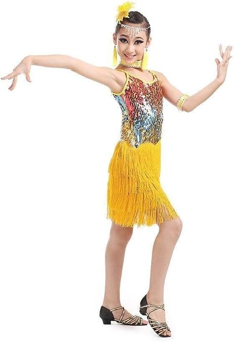 Amazon Co Jp 美しい ダンススカートキッズラテン服ラテンタッセルダンス衣装スパンコールラテンスカートダンススカート衣装 ファッション Color Yellow Size 150 ホーム キッチン