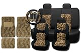 New and Exclusive Mesh Animal Print Accent Interior Set Cheetah Tan Brown 15pc Seat Covers Front & Back Lowback, Back Bench, Steering Wheel & Seat Belt Covers - Floor Mats