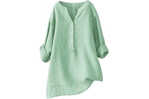 GIERIDUC Women's Cotton Linen Henley Shirts Solid Button Up Long Sleeve Baggy Shirt Casual Loose Blouse Oversiazed Tops 2024