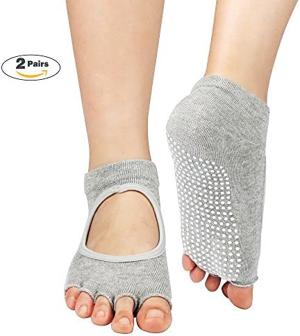 Half-Toe Womens Yoga Socks, Super Grip Non Slip Skid Yoga Pilates Barre cotton socks 2 Packs for Women's &amp; Girls (Light grey)