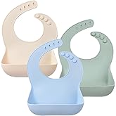 Ginbear Waterproof Silicone Bibs for Baby Boys, Toddler Silicon Feeding Bibs 3 Pack (Blue, Green, Beige)