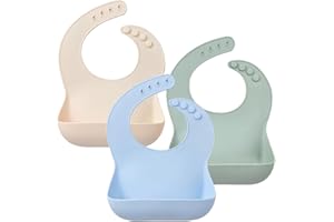 Ginbear Waterproof Silicone Bibs for Baby Boys, Toddler Silicon Feeding Bibs 3 Pack (Blue, Green, Beige)