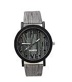 DAYAN Unisex Roma Dial Round Table Teak Wood Grain Strap Quartz Analog Wrist Watch 06