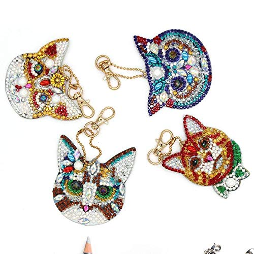 5D DIY Diamond Painting Keychain, 4 pcs Cat Shape, Mosaic Making Full Drill Special Shape Diamond Painting Kit for Bags, Smartphone Straps, 4 Pack