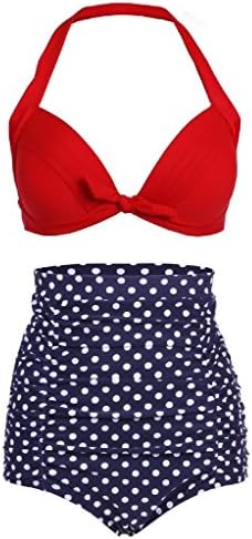 Cuteplus 50S Retro Vintage Polka Dots Print High Waist Bikini SwimSuit for Women Girls