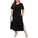 BELAROI Women Maxi Dress Casual Summer Crew Neck Short Sleeve Midi Tshirt Dress with Pockets Beach Cover Ups