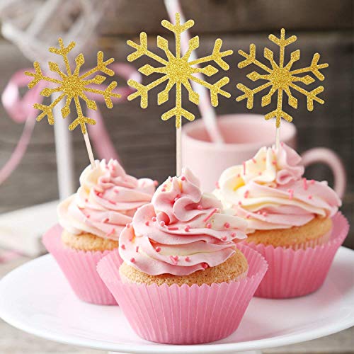 Snowflake Cupcake Topper 60 PCS Glitter Cupcake Picks Cute Cake Toppers for Christmas Party/Frozen Themed Party/Wedding Party Decorations (Gold) - Thumbnail 4