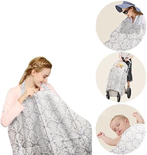 Nursing Cover, Breastfeeding Cover 100% Natural Soft Cotton Seamless Breathable Adjustable Neck Strap and Boning Breastfeeding Apron with Pockets Light Grey